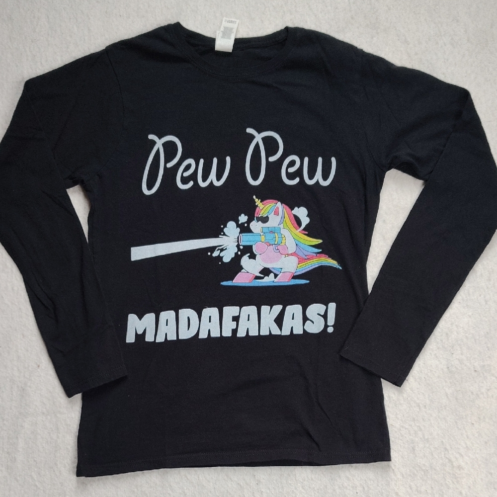 Pew Pew Madafakas Long Sleeve‎ Shirt Womens Size Medium Unicorn Rainbow Funny